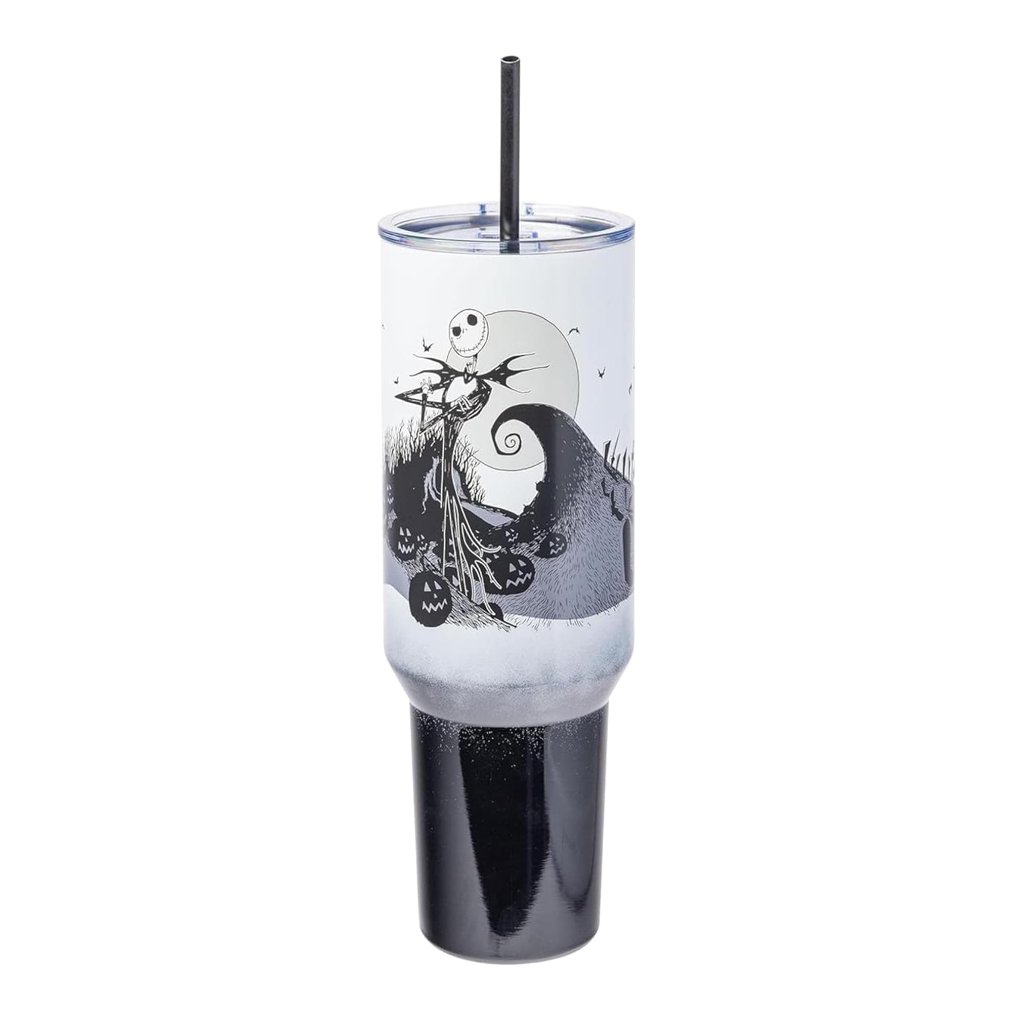 Silver Buffalo Disney Nightmare Before Christmas by Tim Burton Jack Skellington Hill and Moon Stainless Steel Tumbler with Handle and Straw, Fits in Standard Cup Holder, 40 Ounces Nightmare Before Christmas Hill and Moon Scene