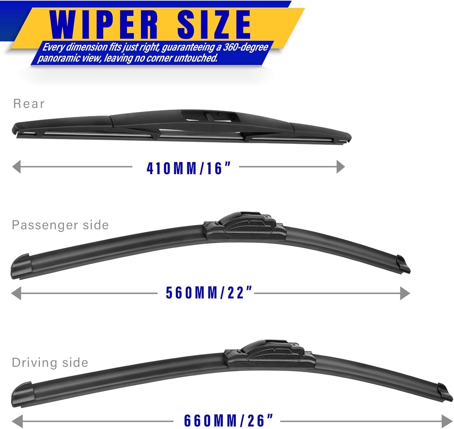 3 wipers Replacement for 2005-2022 Honda Odyssey, Windshield Wiper Blades Original Equipment Replacement - 26"/22"/16" (Set of 3) U/J HOOK - Image 2