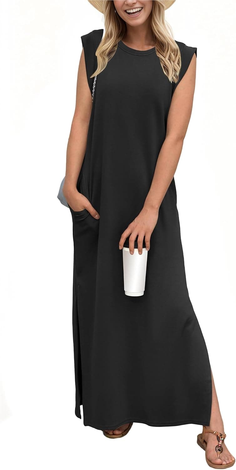 GRECERELLE 2025 Women Year-Round Casual Round Neck Loose Split Wrinkle-Free Long Maxi Vacation Dress with Pockets (XS-3XL) Medium Black - Image 2