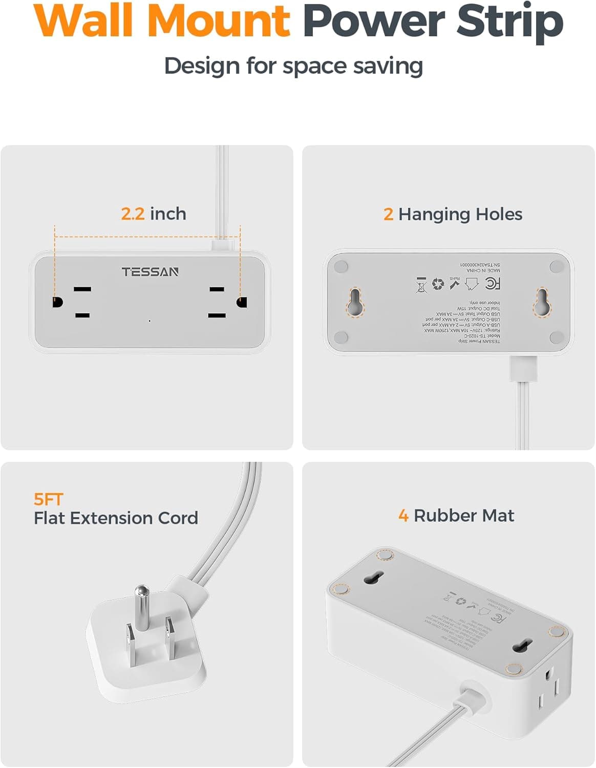 TESSAN Flat Plug Extension Cord 5 FT, Surge Protector Power Strip with 4 AC Outlets 1 USB C and 2 USB A Ports, 900 Joules Protection, 1250W, Multiple Wall Outlet Extender Suitable for Home Office Dorm 5 FT (1 USB-C, 2 USB-A) Gray - Image 7