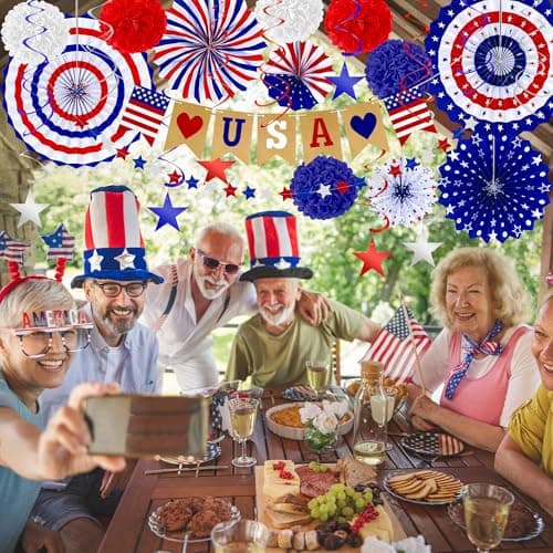 26 PCS 4th of July Decorations, Red White Blue Paper Fans in Patriotic Designs, 4th of July Banner Pompom Star Garland and Hanging Swirls Set for Fourth of July Independence Day Party Supplies Decor - Image 6