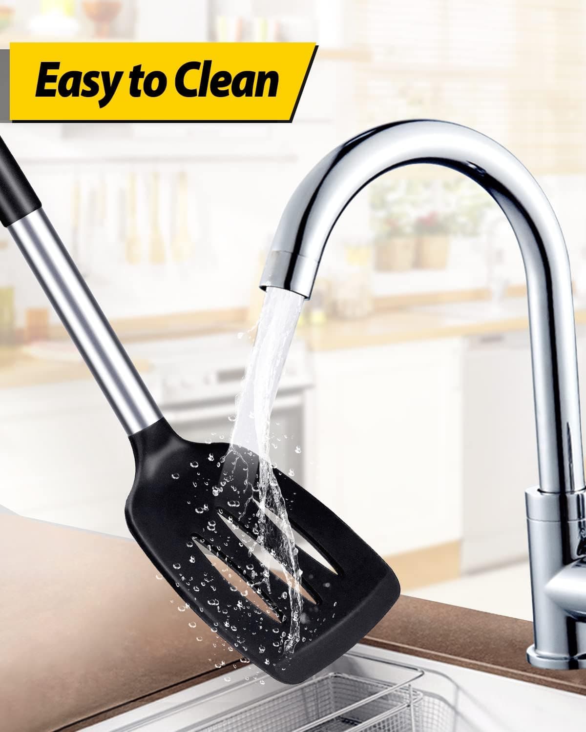 Pack de 2 Spatules en Silicone Solides, Spatules de Cuisine Antiadhésives avec Fentes, Ustensiles de Cuisine Résistants à Haute Température et Sans BPA, Idéal pour Cuire du Poisson, des Œufs, des Crêpes (Noir) - Image 7