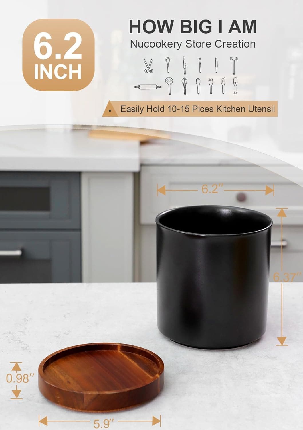 Nucookery 360°Rotating Utensil Holder, 7.2" Kitchen Utensil Crock, Ceramic Cooking Utensil Organizer with Countertop-Protection Cork Bottom for Farmhouse Kitchen Decor Christmas (Stone Black) - Image 3