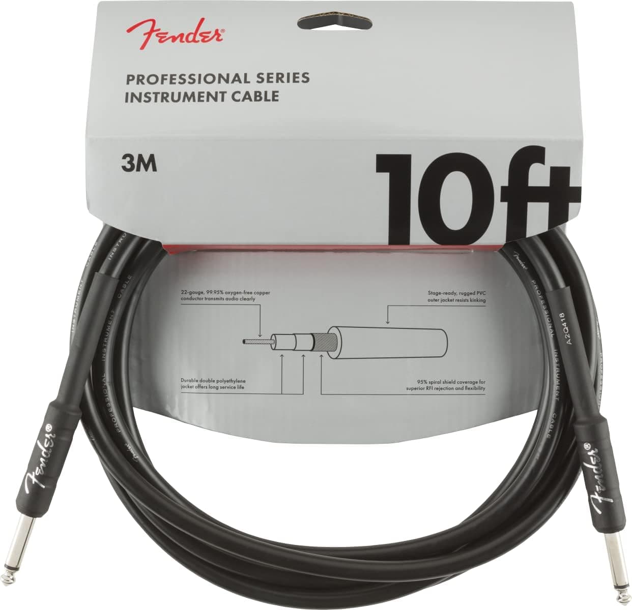 Fender Professional Series Instrument Cable, Guitar Cable 10 ft, Guitar Accessories, Stage Ready with Anti-Kinking Design, Black 10ft Straight/Straight