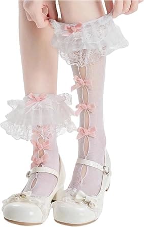 Amazon.com: OYOANGLE Women's Bow Lace Trim Cut Out Mid Calf Socks Y2K Lolita Kawaii Ruffle Stockings White and Pink One-Size : Clothing, Shoes & Jewelry - Image 2