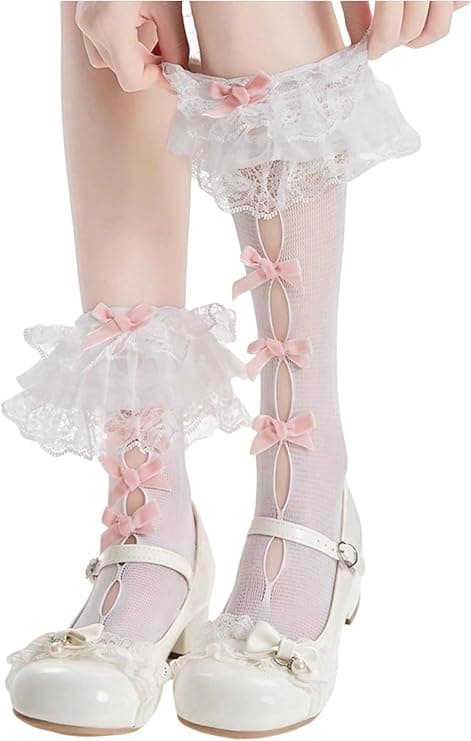 Amazon.com: OYOANGLE Women's Bow Lace Trim Cut Out Mid Calf Socks Y2K Lolita Kawaii Ruffle Stockings White and Pink One-Size : Clothing, Shoes & Jewelry - Image 7