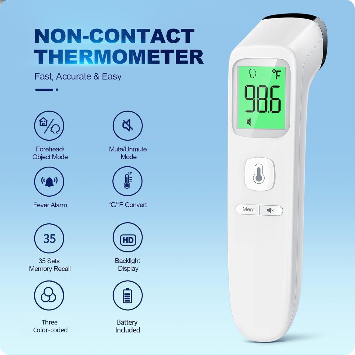 No-Touch Thermometer for Adults and Kids, Accurate Digital Baby Thermometer, Fever Alarm & Silent Mode, 2 in 1 Forehead & Object Mode white - Image 3
