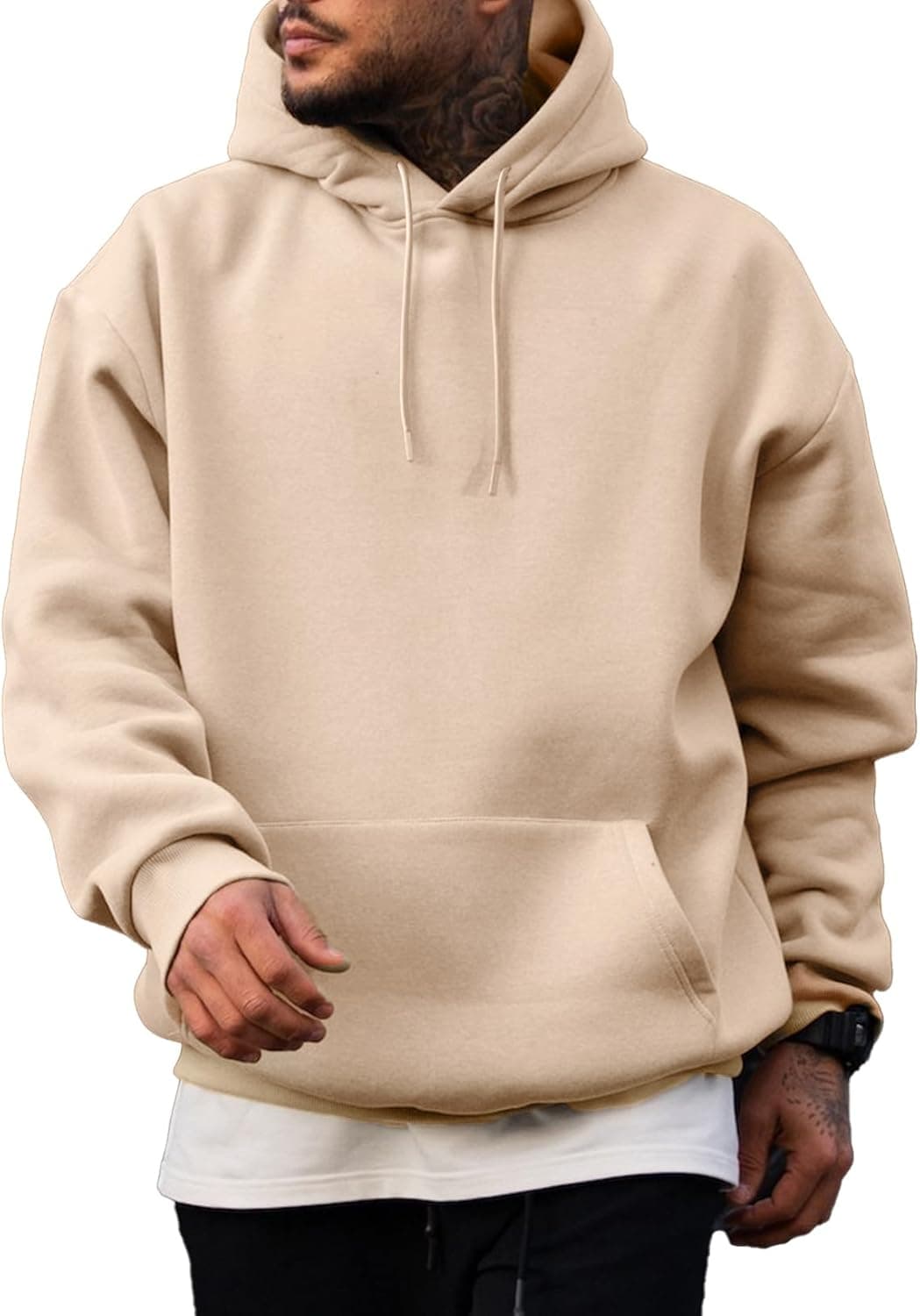 JMIERR Mens Casual Cotton Hooded Collar Drawstring Hoodies Pullover Sweatshirts Casual Long Sleeve Shirts Large Khaki - Image 2