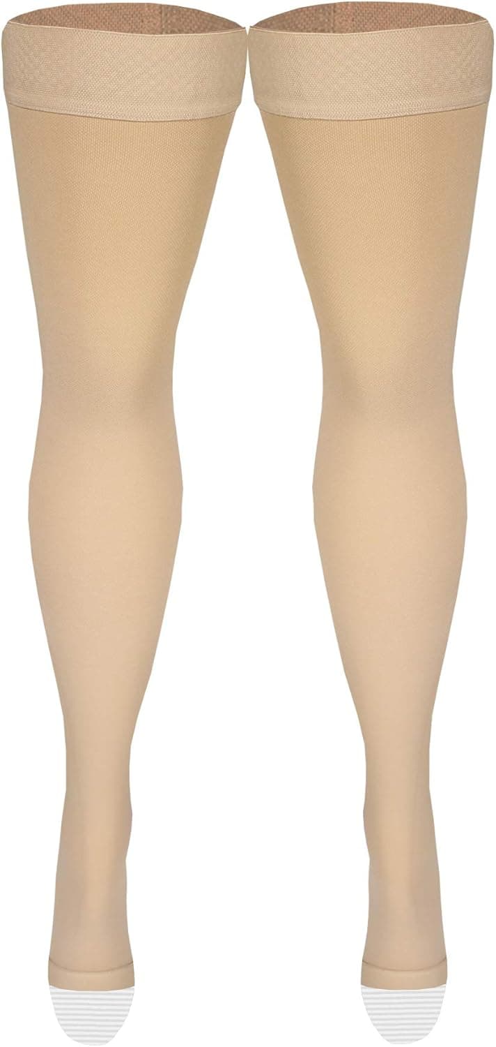 Amazon Basic Care Medical Compression Stockings, 20-30 mmHg Support, Women & Men Thigh Length Hose, Open Toe, Beige, Medium (Previously NuVein) - Image 5