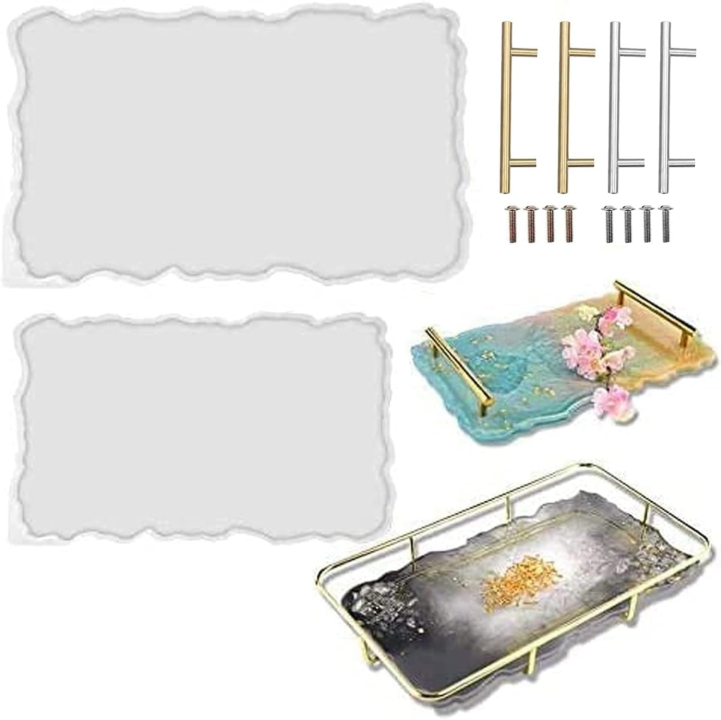 RESINWORLD 2 Size 14 inches XL Large Tray Silicone Molds Epoxy Resin Geode Tray Mold with Gold & Silver Handles DIY for Making Tray (Rectangle) - Image 2