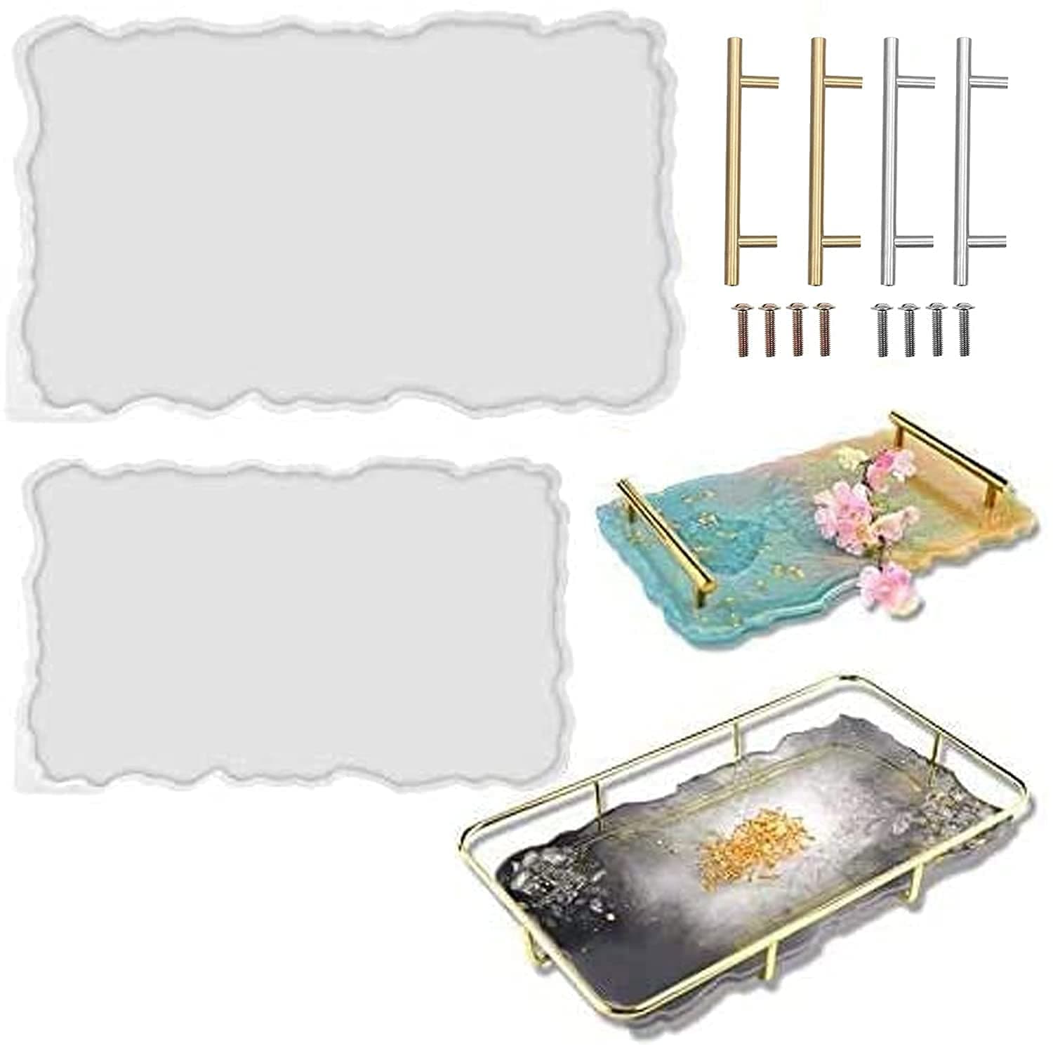 RESINWORLD 2 Size 14 inches XL Large Tray Silicone Molds Epoxy Resin Geode Tray Mold with Gold & Silver Handles DIY for Making Tray (Rectangle)