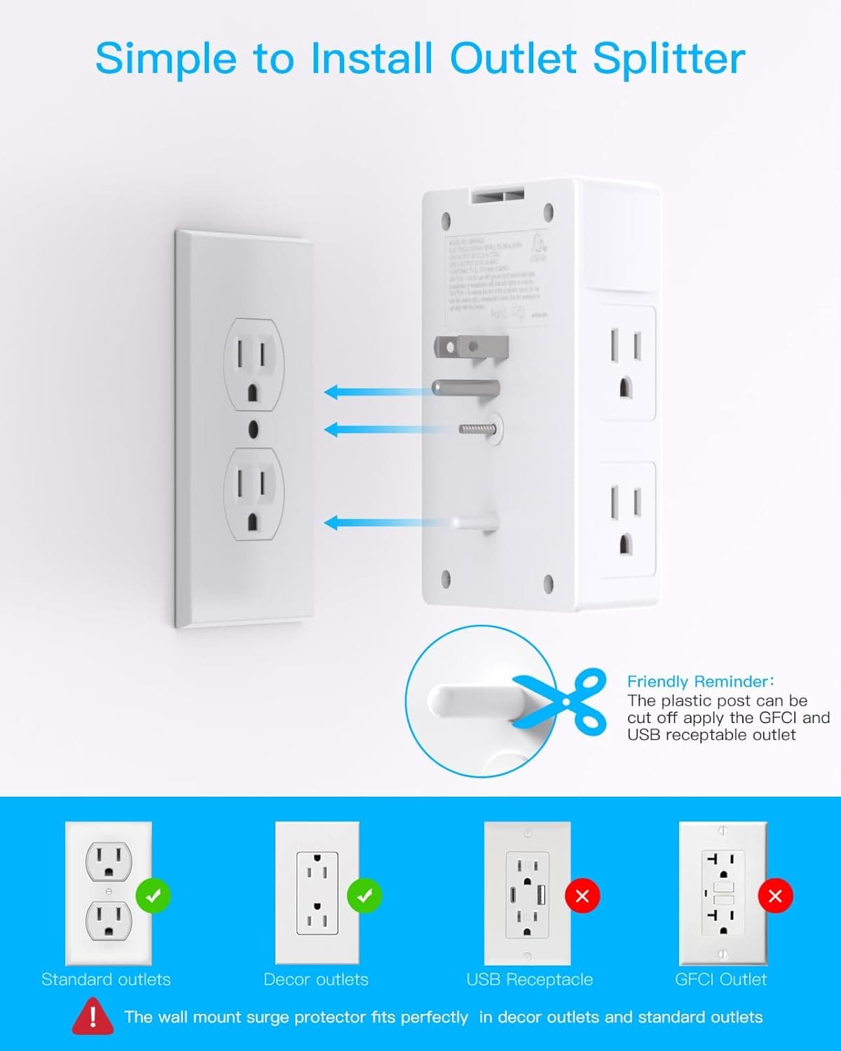 One Beat 1680J 3 Side Power Strip Multi Plug Expander, Surge Protector, 5 Outlets Extender, 4 USB Ports (USB C), Wall Mount Charger, Outlet Splitter Adapter for Home, Travel, Office, ETL Listed, White 15.5W,1Pack,None White - Image 5