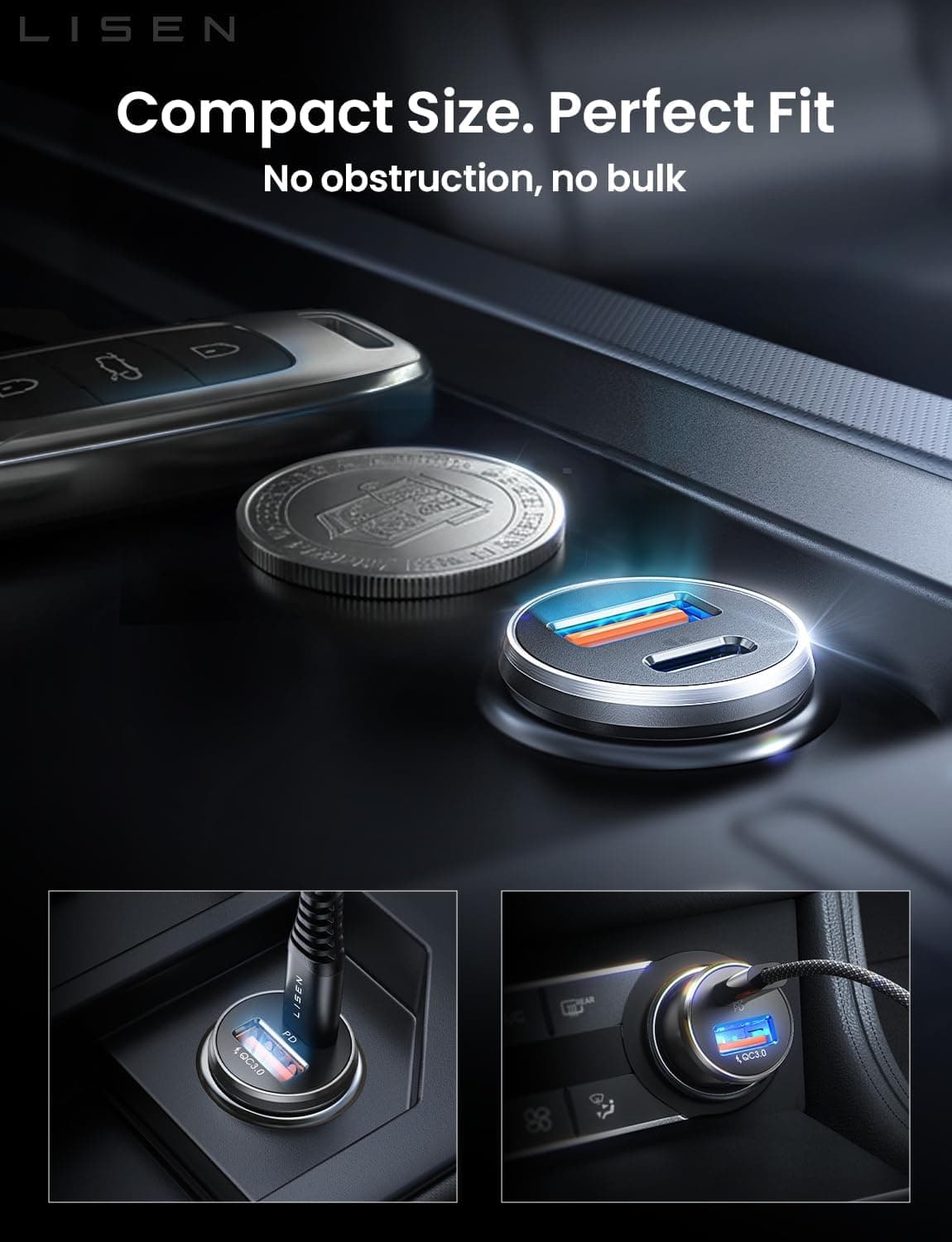 Cargador de Auto LISEN USB C, Adaptador de Cargador USB de 69W para Encendedor de Cigarrillos, Accesorios para Autos Regalos para Hombres, Adaptador de Carga Rápida Mini USBC para Autos, Enchufe Tipo C 12V, para iPhone 17 Pro Max 16 15 14 13 Negro 2 Paquete - Image 6