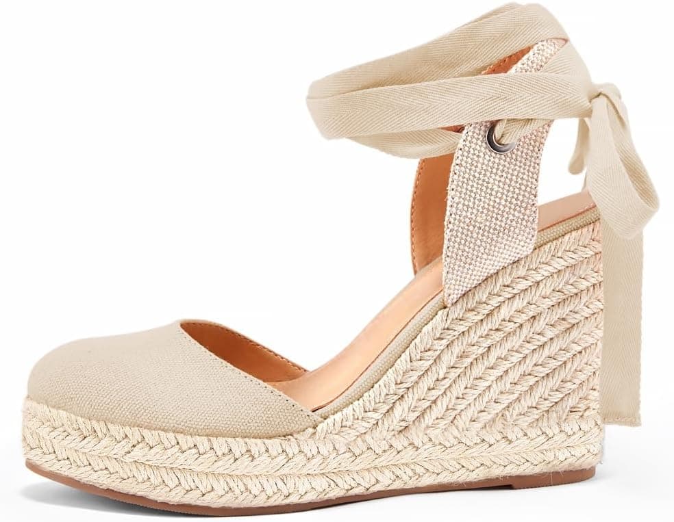 Ermonn Womens Espadrilles Wedge Sandals Platform Closed Toe Ankle Strap Lace Up Summer Shoes 9.5 Nude - Image 6
