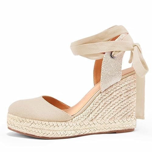Ermonn Womens Espadrilles Wedge Sandals Platform Closed Toe Ankle Strap Lace Up Slingback Summer Shoes Nude - Image 5
