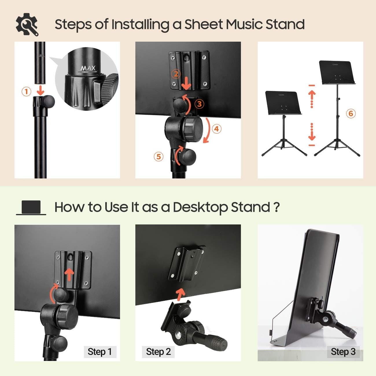 CAHAYA Music Stand for Sheet Music - Dual-use Converts to Desktop Stand Portable& Foldable 31.4-57in Height Adjustable Sturdy to Holds Thick Book or Tablet Include Carrying Bag Sheet Music Folder Clip Standard Version Black - Image 5