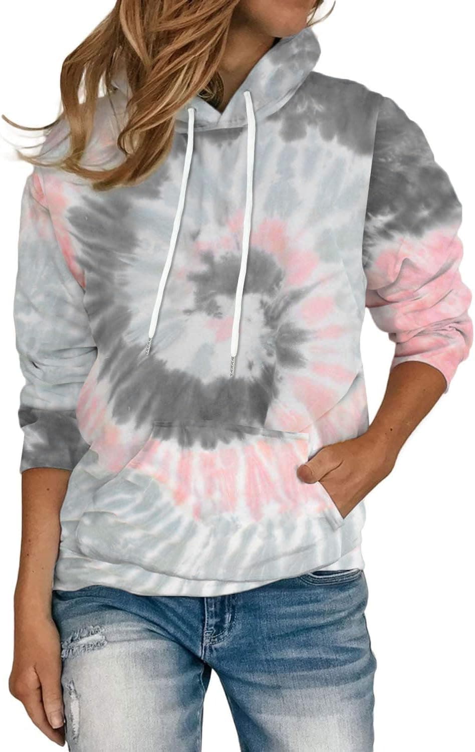 Women's Hoodies Long Sleeve Sweatshirts Drawstring Pullover Tops with Pocket Casual Loose Blouses Tunic X-Large Grey Pink Tie Dye - Image 2