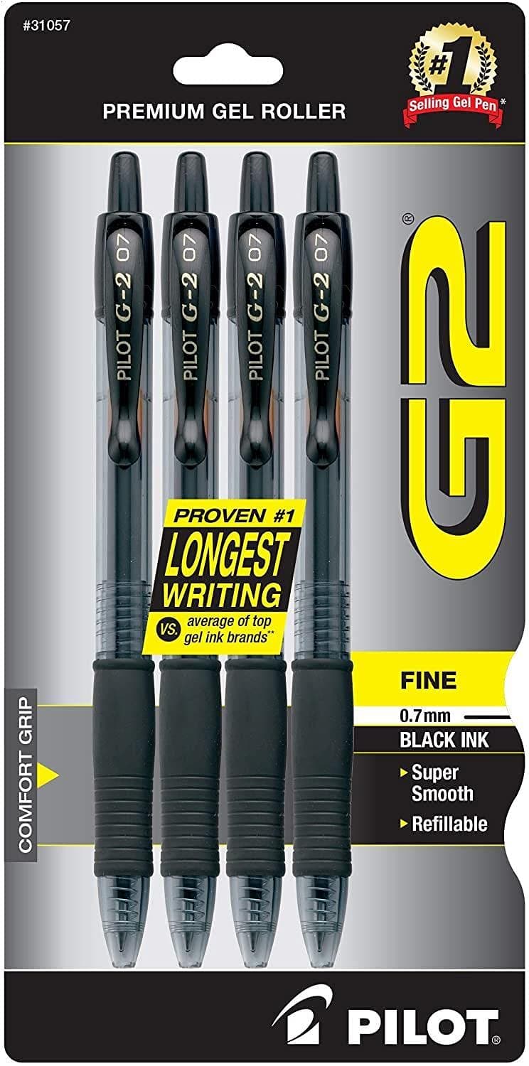 Pilot G2 Premium Gel Roller Pens 0.7, Plumas de Gel de Punta Fina para Escritura Suave en Negro, Paquete de 4