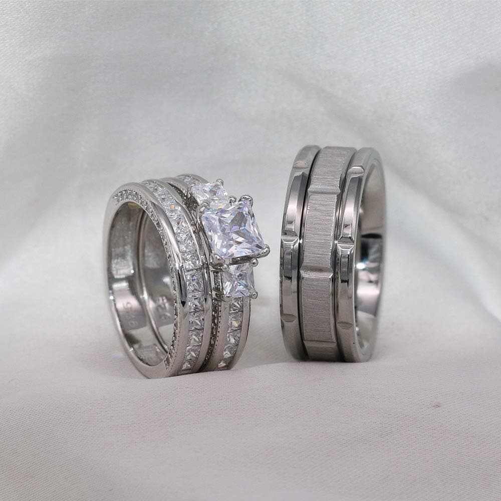 TWO RINGS Wedding Ring Sets His And Hers Promise Ring Couples Bridal Sets Women 925 Sterling Silver square Cz Man Stainless Steel Brushed Finished Wedding Bands White women's size 8 & men's size 11 - Image 8