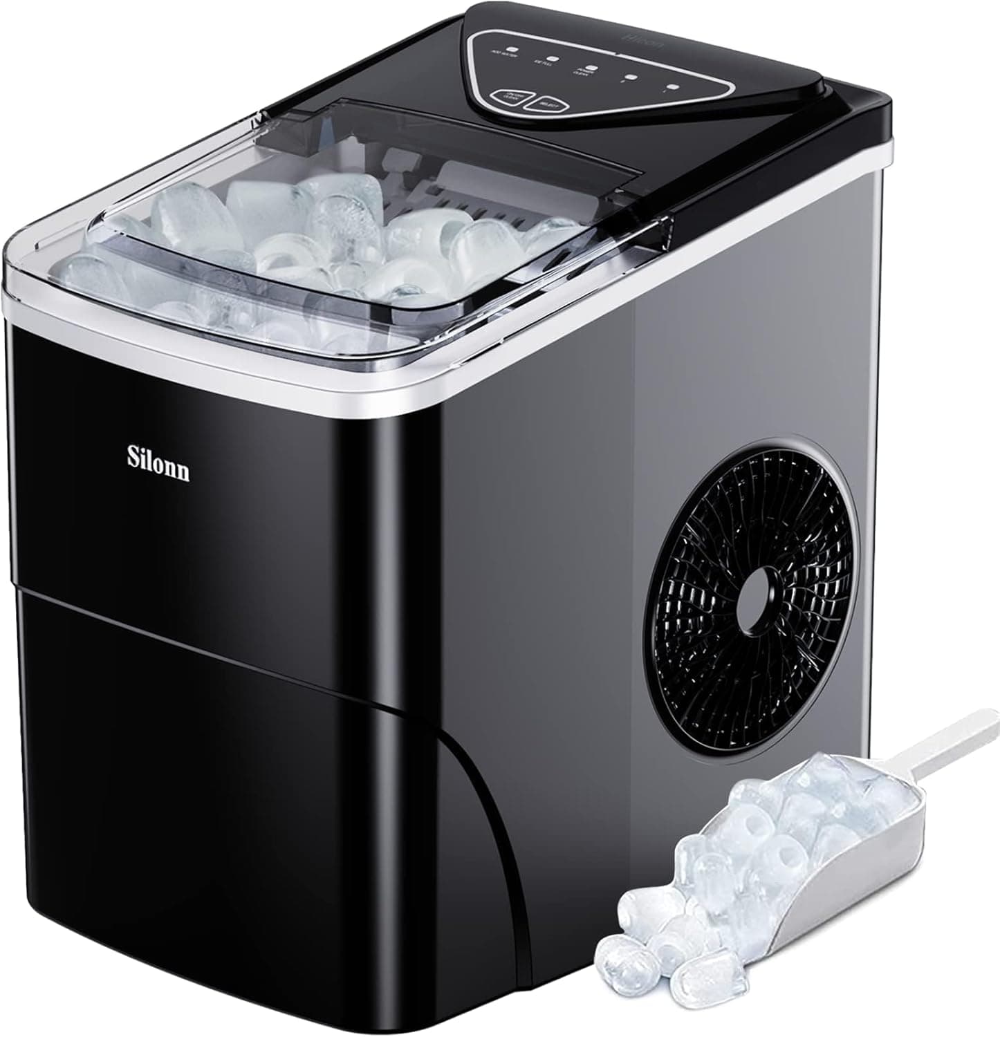 Silonn Ice Maker Countertop, 9 Cubes Ready in 6 Mins, 26lbs in 24Hrs, Self-Cleaning Ice Machine with Ice Scoop and Basket, 2 Sizes of Bullet Ice for Home Kitchen Office Bar Party Black 26lbs - Image 2