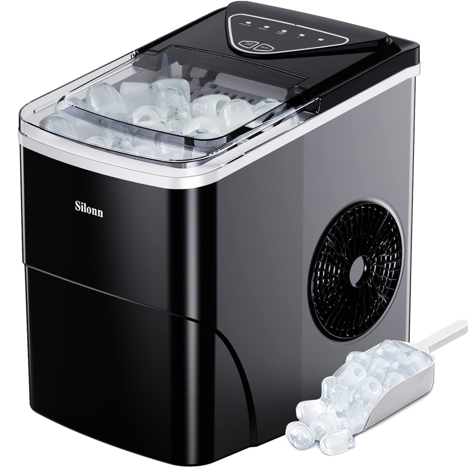 Silonn Ice Maker Countertop, 9 Cubes Ready in 6 Mins, 26lbs in 24Hrs, Self-Cleaning Ice Machine with Ice Scoop and Basket, 2 Sizes of Bullet Ice for Home Kitchen Office Bar Party Black 26lbs