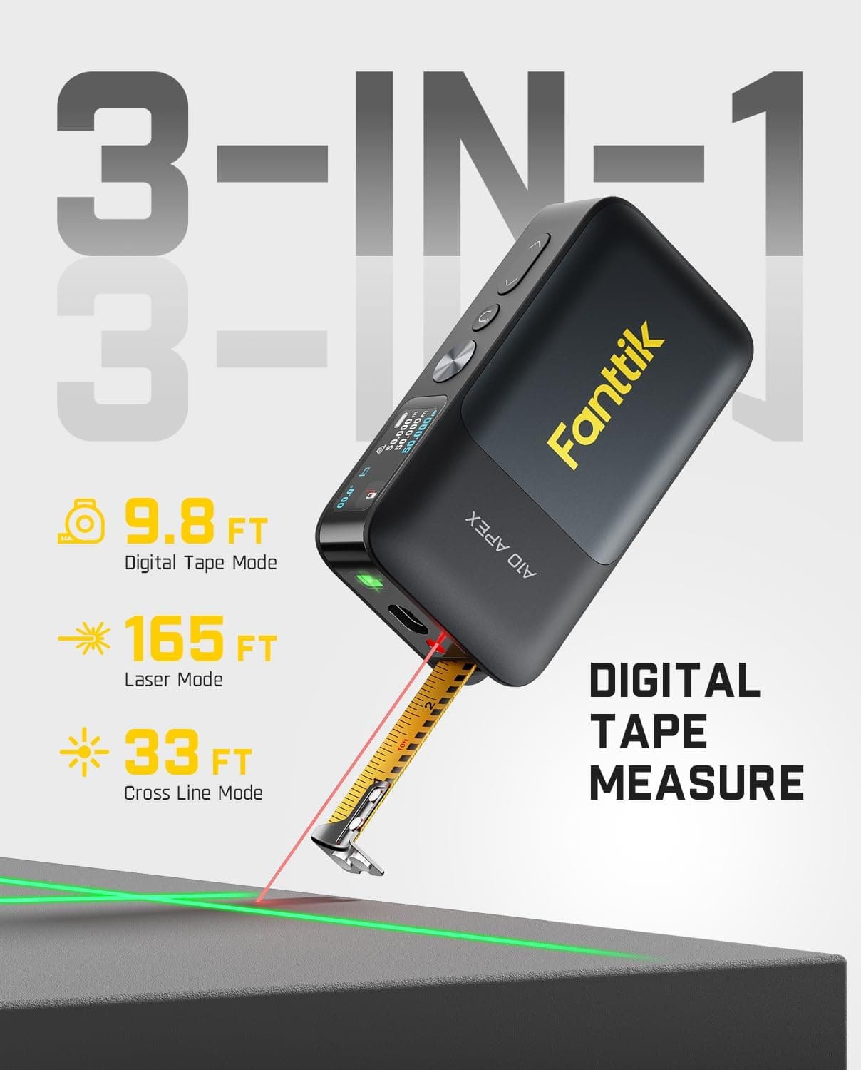 Fanttik A10 Apex 3-in-1 Digital Laser Tape Measure with HD Color Display, 165Ft Rechargeable Laser Measurement & 32Ft Green Cross Line Laser & 9.8Ft Tape, 6 Units, for Distance/Area/Volume/Leveling Black - Image 2