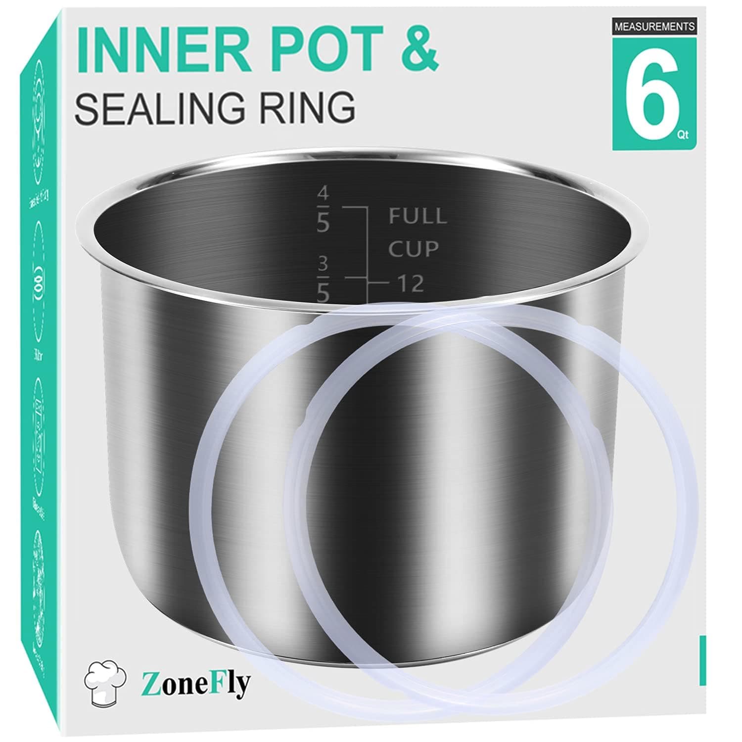 ZoneFly Stainless Steel Inner Pot Compatible with Instant Pot 6 Qt, Original 6 Quart InstaPot Replacement with Polished Surface Non-Stick and 2 Sealing Rings Upgrade 6QT pot & ring