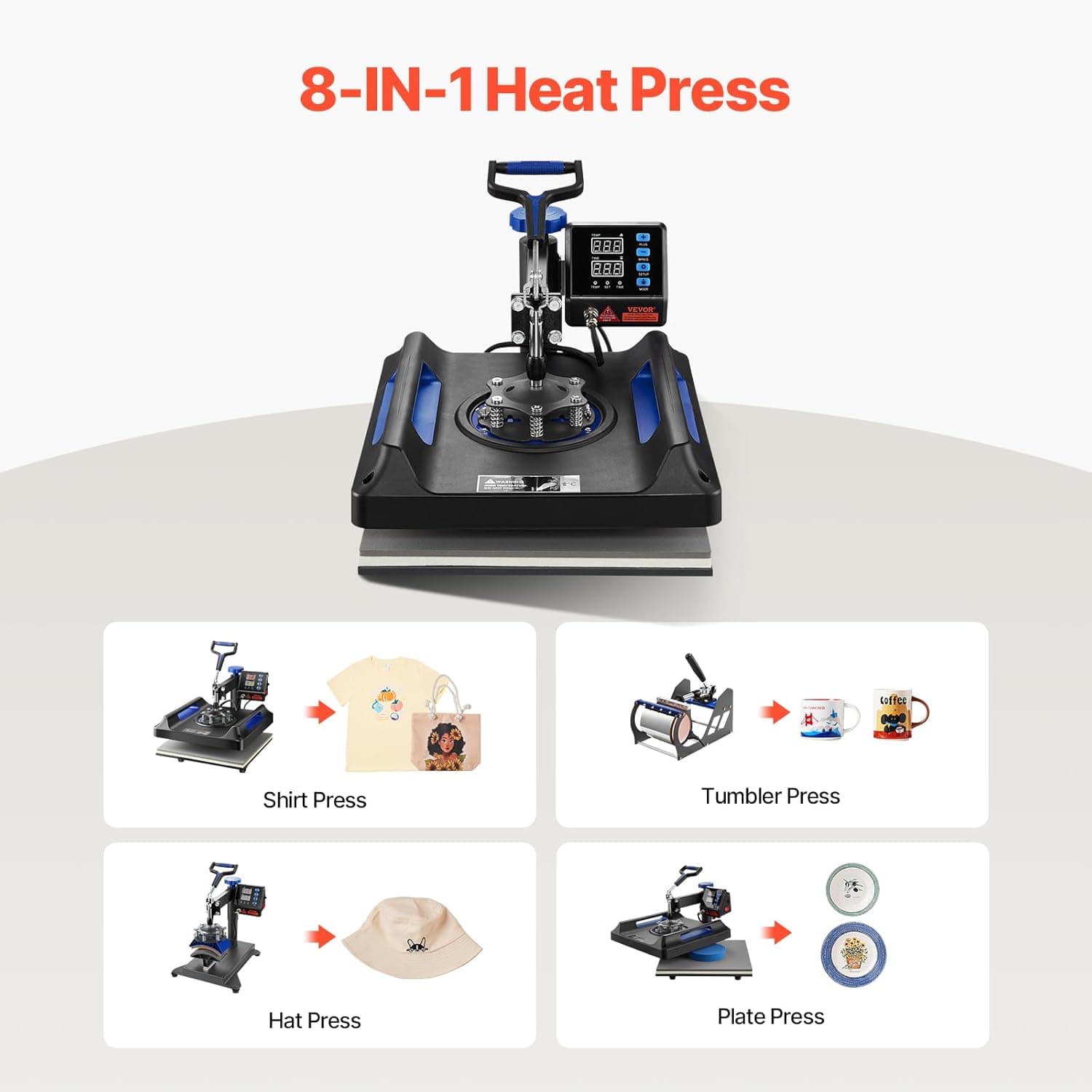 VEVOR 8 in 1 Heat Press Machine 15x15 Inch, 360° Swing Away Shirt Press Machine - Digital Professional Heat Transfer Tshirt Press Machine, Sublimation Heat Press for T Shirts Hat Cap Mug Plate Blue Blue Pro-15x15 - Image 4