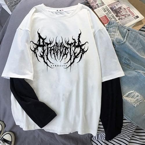 Goth Shirt Gothic Shirt Fake Two-Piece Alternative Clothing Goth Long Sleeve Top Grunge Clothes (Black02,XXL,XX-Large) - Image 5