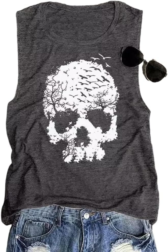 Skull Shirts for Women Funny Gothic Graphic T-Shirts Novelty Horror Tee Casual Athletic Tops Dark Grey 01 Medium - Image 2