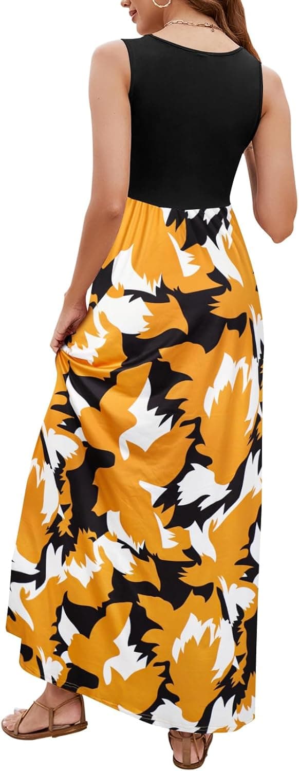 Sherosa Women Boho Chevron Striped Floral Printed Summer Sleeveless Tank Long Maxi Party Dress Medium Black Brown Yellow - Image 6