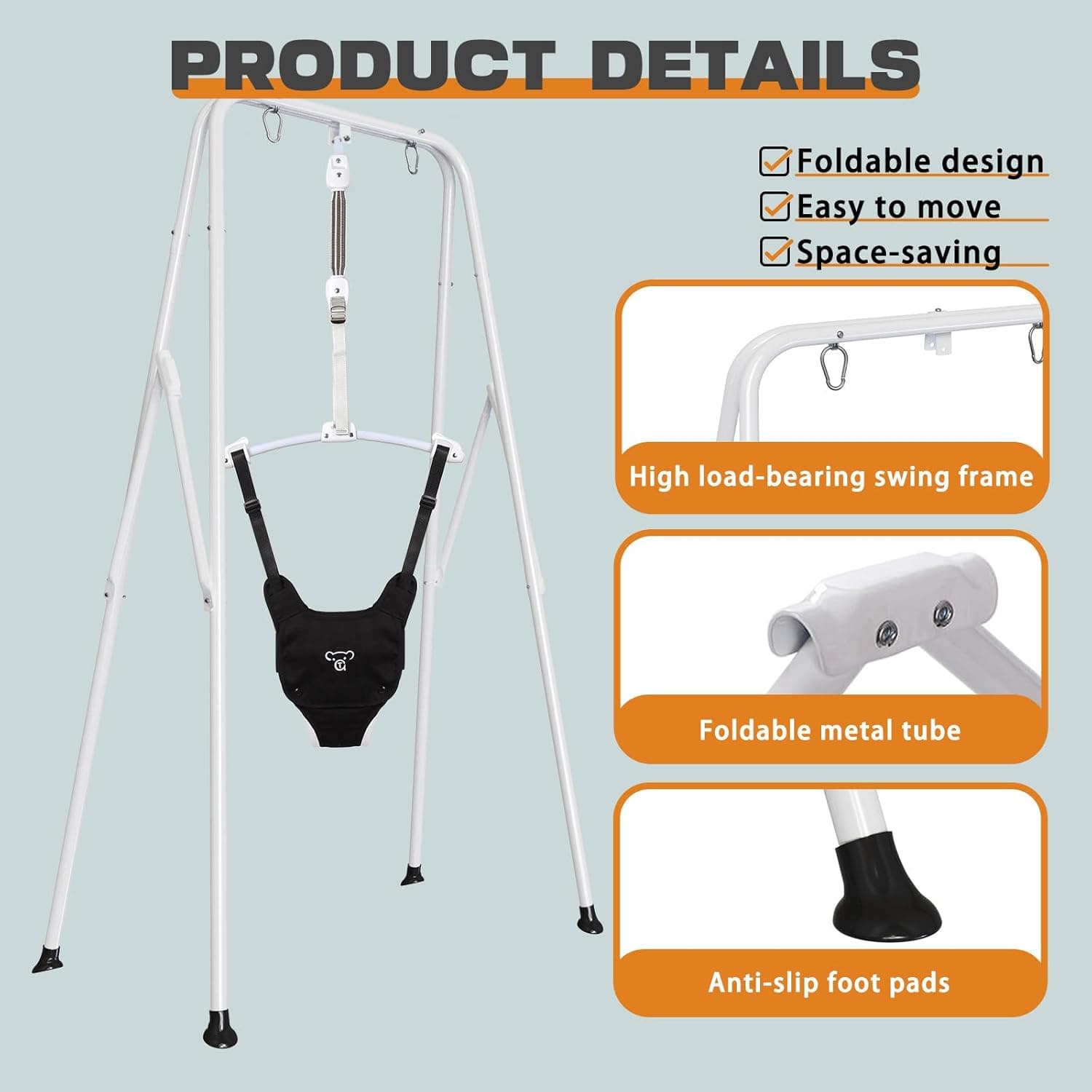 2-in-1 Baby Jumper & Swing - Foldable Stand, Stable Toddler Swing Set for Indoor & Outdoor Use Black - Image 6