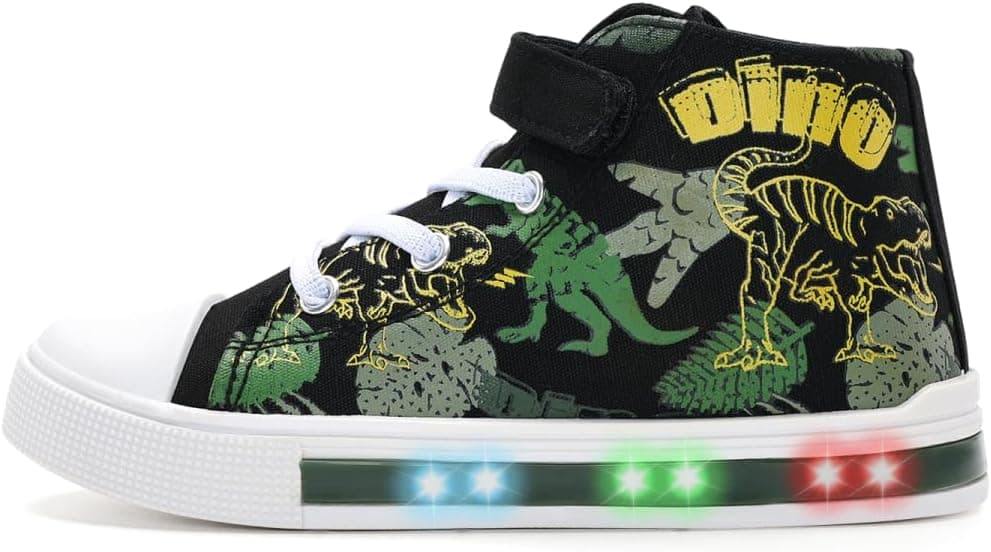 EUXTERPA Kids Toddler Sneakers Light Up Flashing Shoes Girls Boys Easy Fasten High Top Walking Canvas Sneaker 8 Toddler Green Dinosaur - Image 2