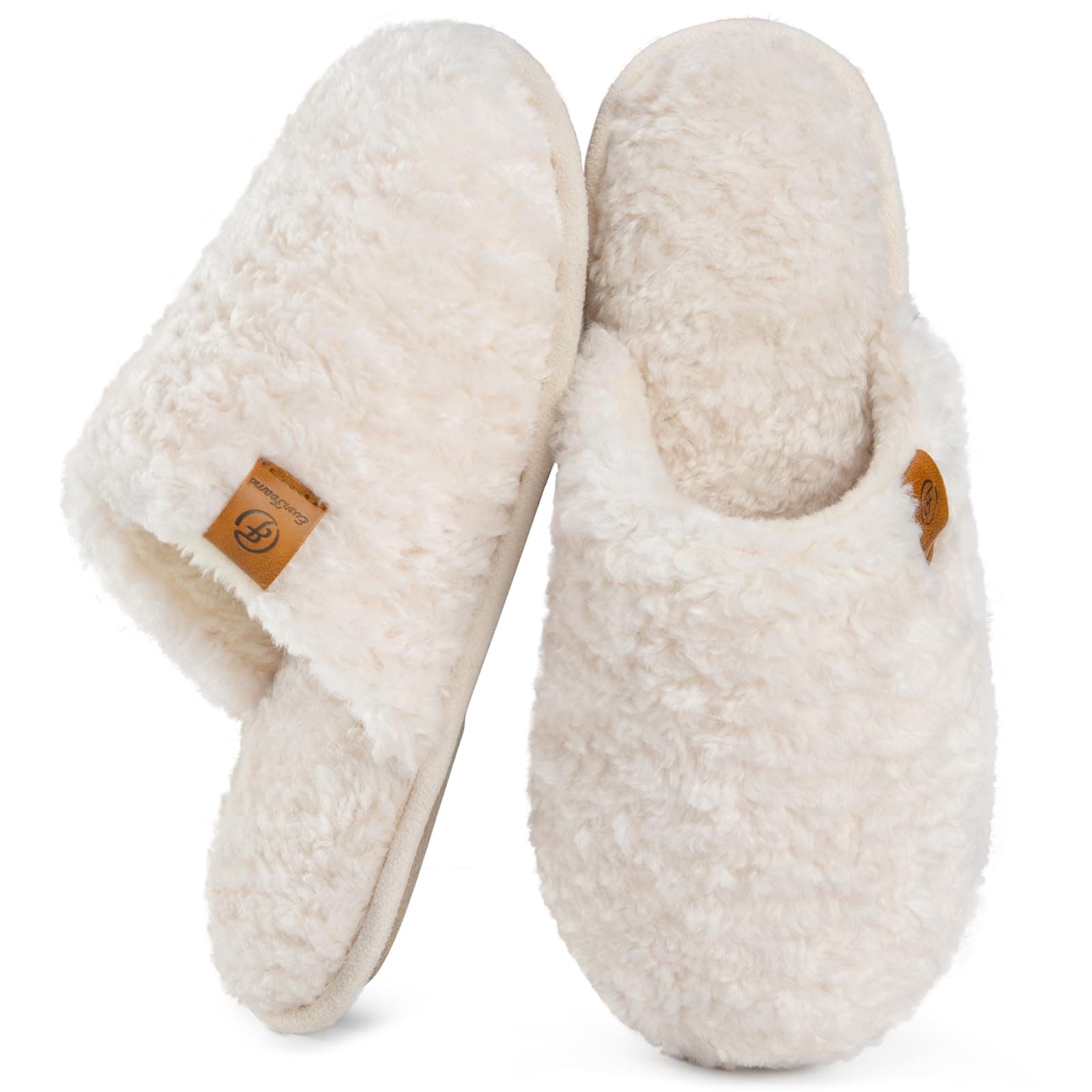 EverFoams Women's Fuzzy Slip-on Slippers Warm Cozy Soft Lightweight Memory Foam Indoor House Shoes 7-8 Cream White