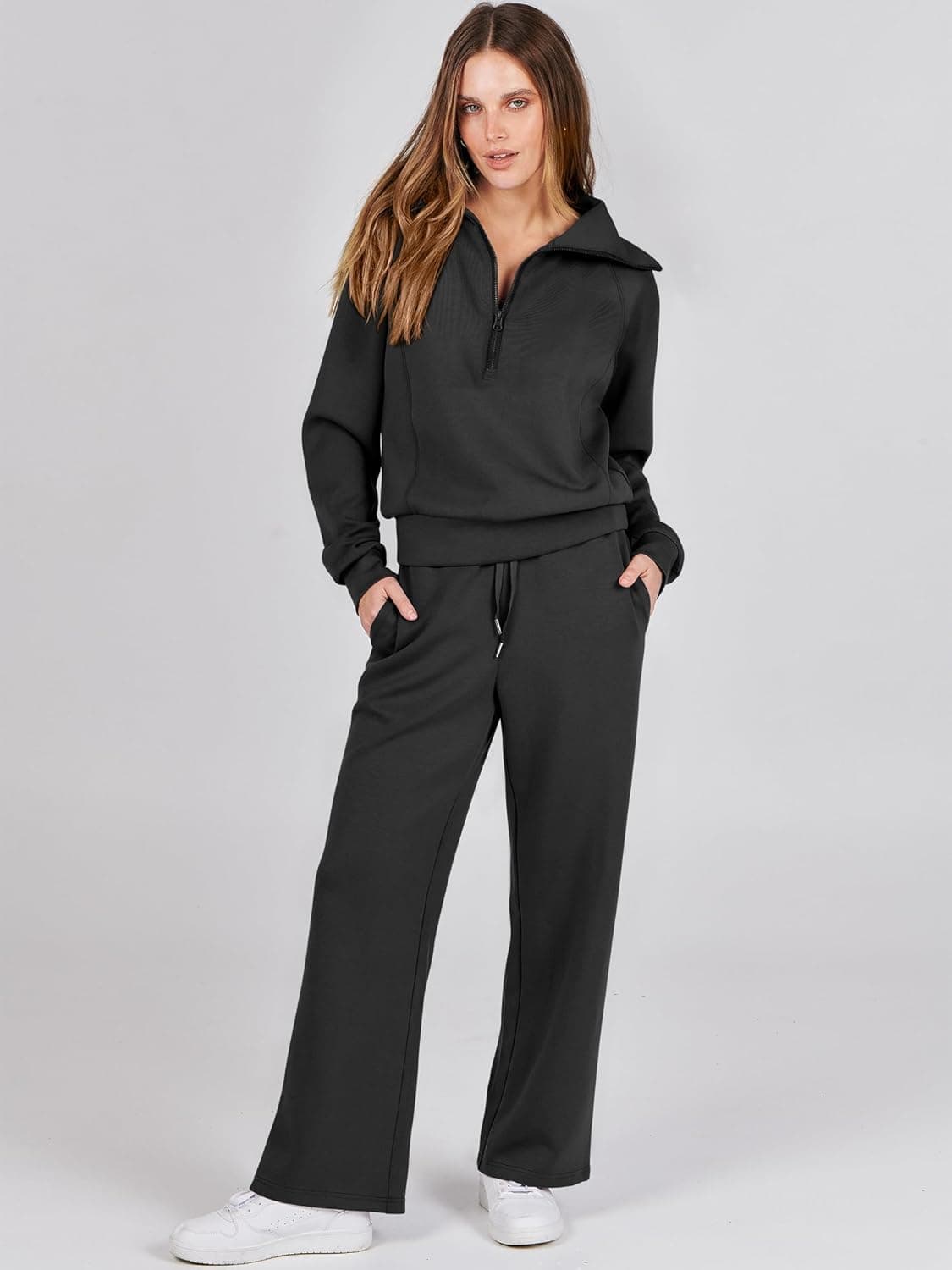 ANRABESS Women 2 Piece Outfits 2025 Fall Fashion Airport Wide Leg Pants Lounge Set Leisure Travel Vacation Clothes Sweatsuits Black Medium - Image 3