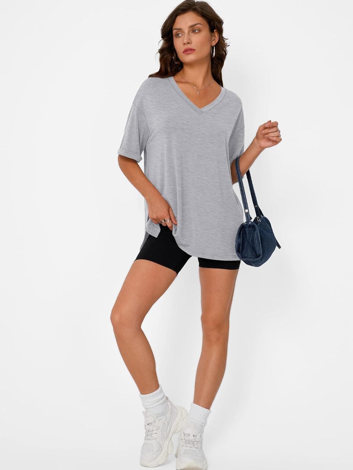 Trendy Queen Oversized Tshirts for Women Workout Plus Size Tops V Neck Short Sleeve Gym Shirts Casual Loose Fit Basic Tees Grey XX-Large - Image 6