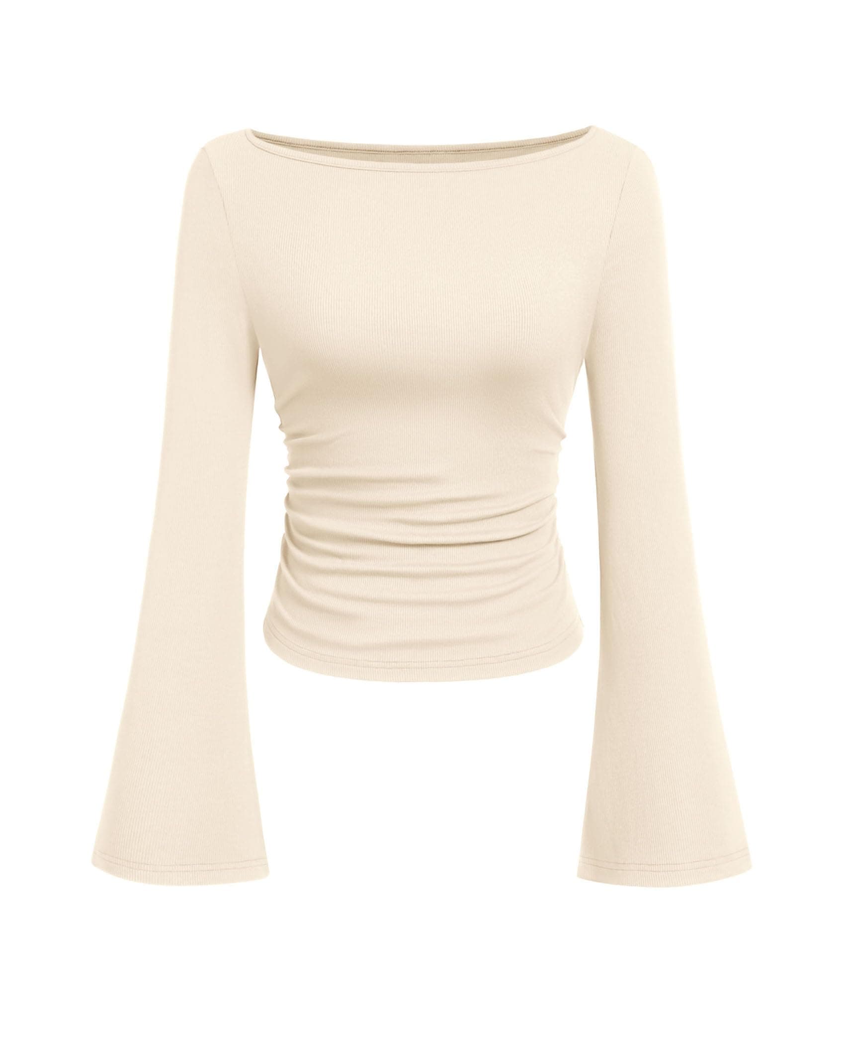 PRETTYGARDEN Women's Long Sleeve Shirts 2025 Fall Crop Going Out Tops Casual Boat Neck Bell Sleeve Ribbed Ruched Y2K Clothes Beige Small