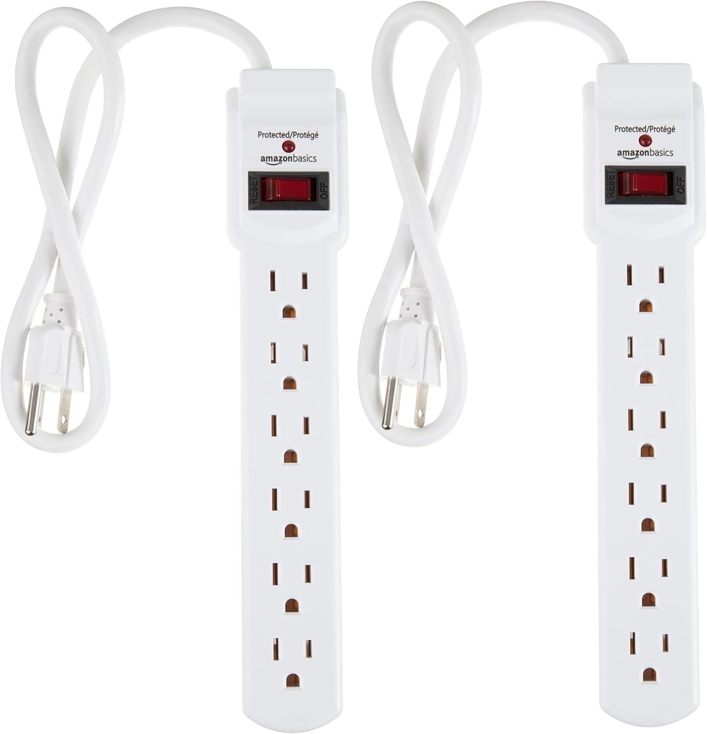 Amazon Basics Surge Protector Power Strip, 6-Outlet with 200J Protection, 2ft Extension Cord, Rectangle, White (2 Pack) 200 Joule White 2 Pack - Image 2