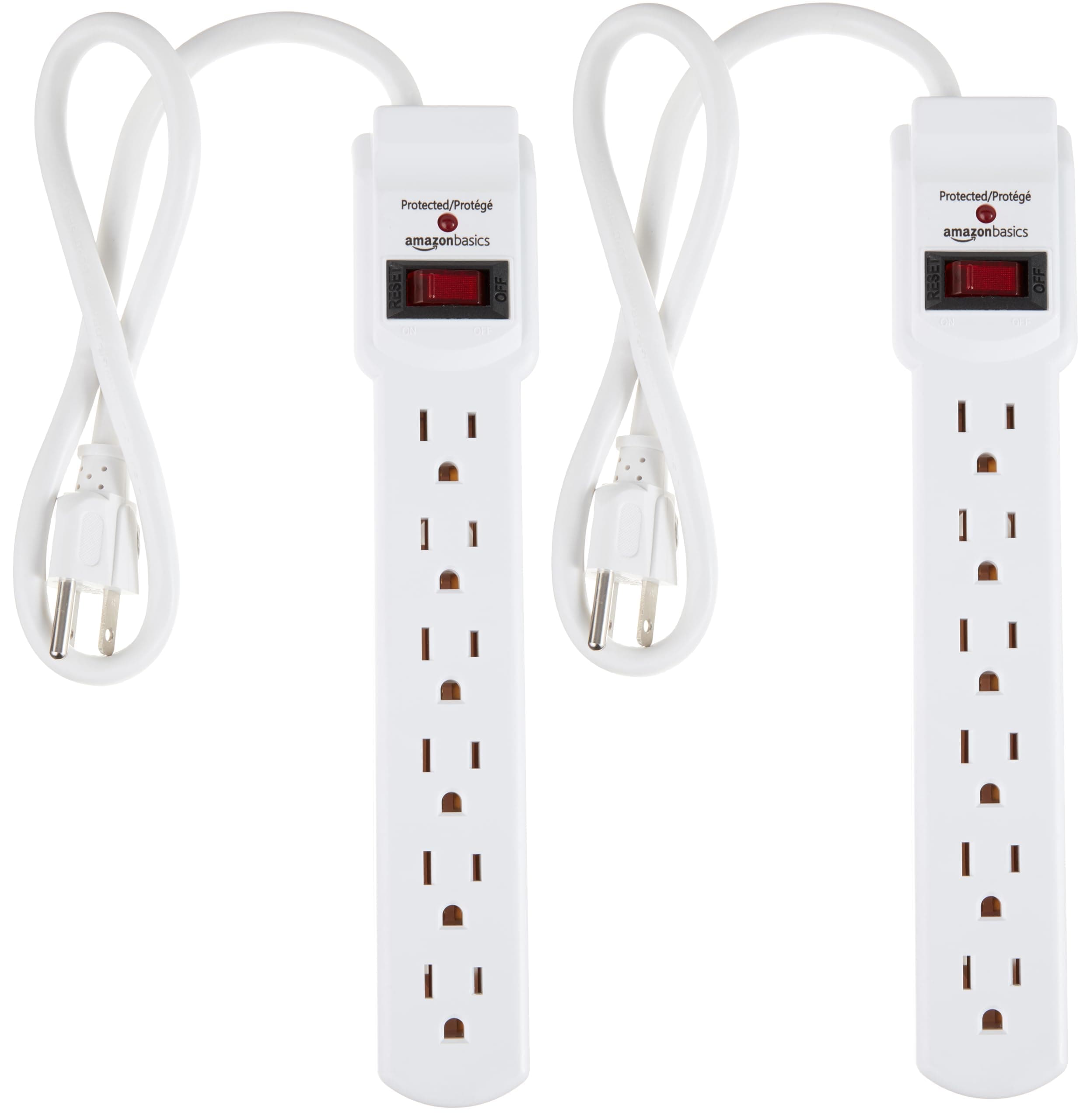 Amazon Basics Surge Protector Power Strip, 6-Outlet with 200J Protection, 2ft Extension Cord, Rectangle, White (2 Pack) 200 Joule White 2 Pack