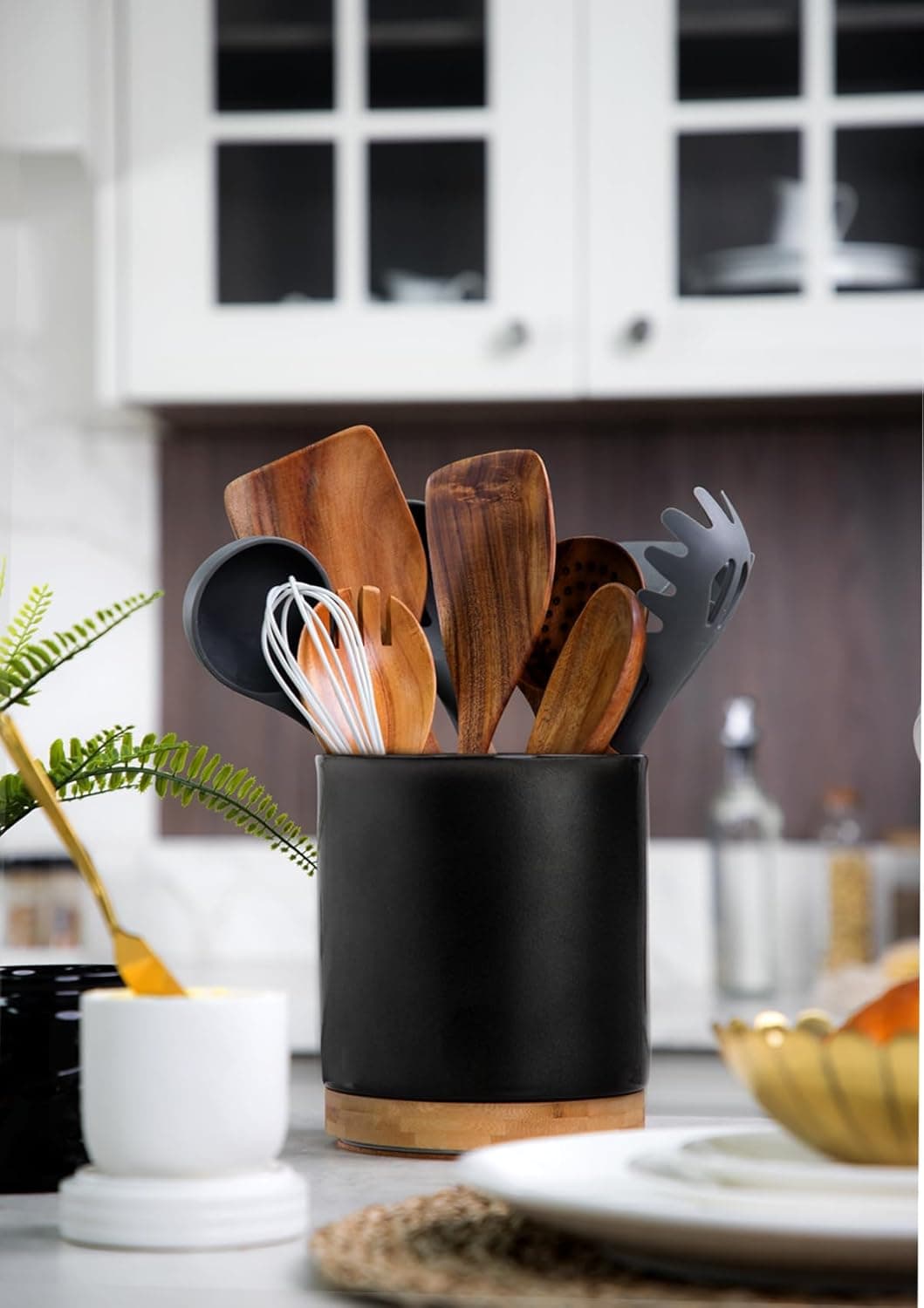 Nucookery 360°Rotating Utensil Holder, 7.2" Kitchen Utensil Crock, Ceramic Cooking Utensil Organizer with Countertop-Protection Cork Bottom for Farmhouse Kitchen Decor Christmas (Stone Black) - Image 3