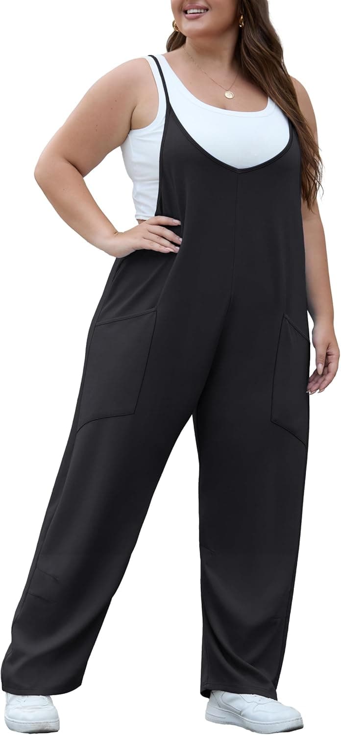 OLRIK Womens Plus Size Jumpsuit Adjustable Strap Stretchy Overalls Loose Fit Romper Fall Outfits with Pockets Black 3X - Image 4