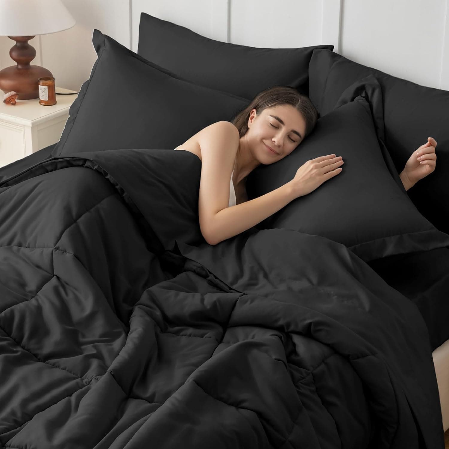 JOLLYVOGUE Queen Comforter Set, Ultra-Soft Bed in a Bag Queen Size 7 Pieces, Oeko-TEX Certified Bedding Set with Down Alternative Comforter, Sheets, Pillowcases & Shams, Black Black QUEEN(88"*88") - Image 7