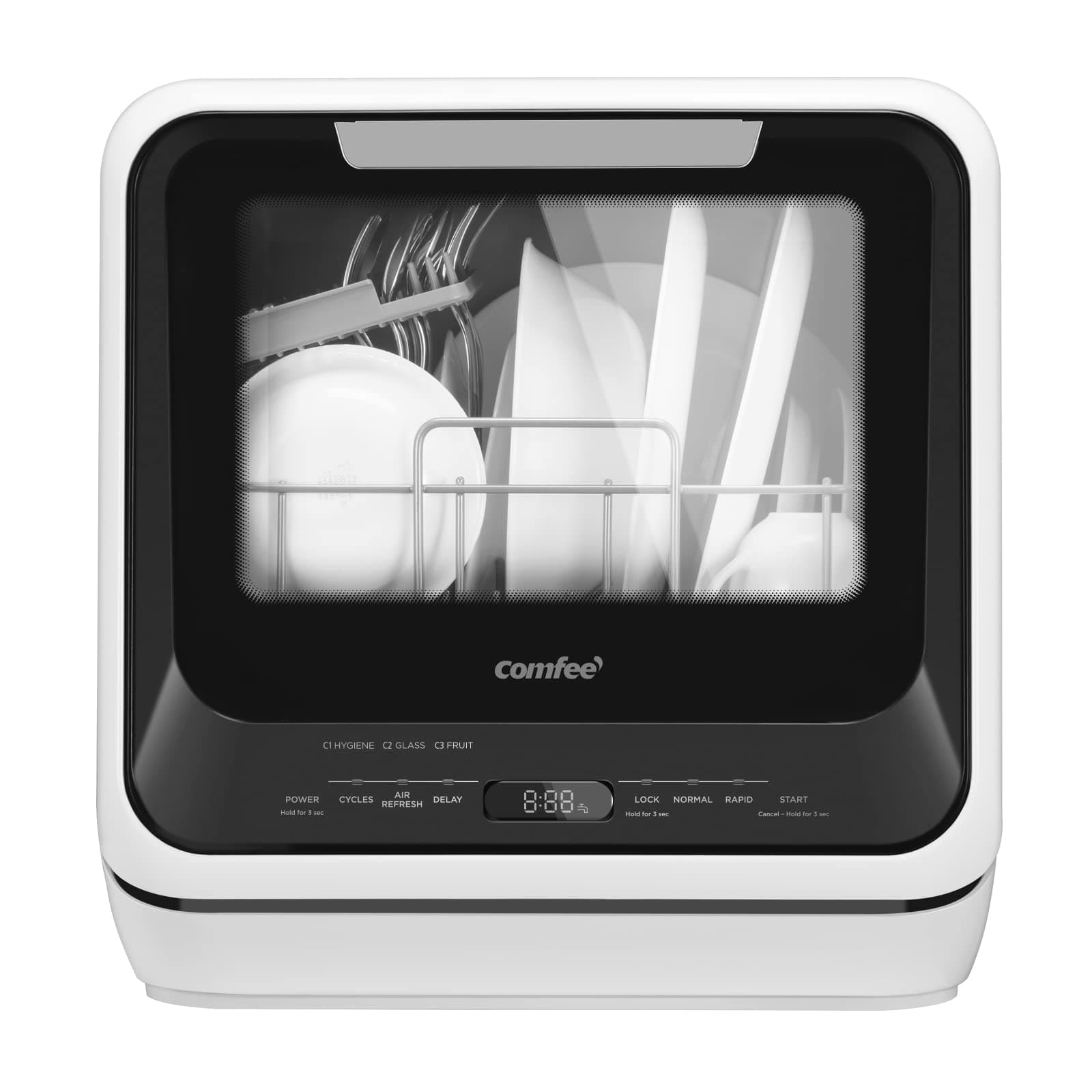 Lave-vaisselle portable mini COMFEE' de comptoir avec réservoir d'eau intégré de 5L pour appartements et VR, sans raccordement nécessaire, 6 programmes, 36