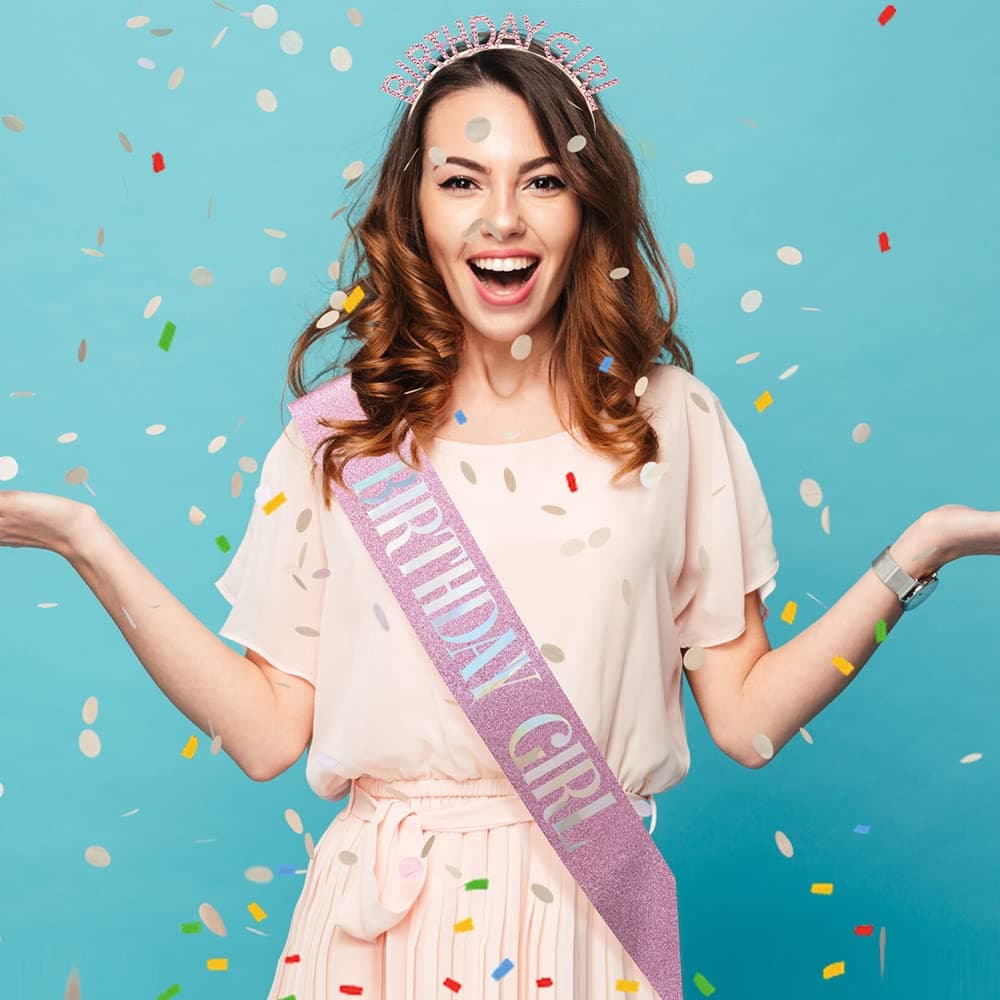 Glitter Birthday Sash, Tiara and Rhinestone Headband Set - Pink Birthday Accessories for Her Pink Glitter - Image 9