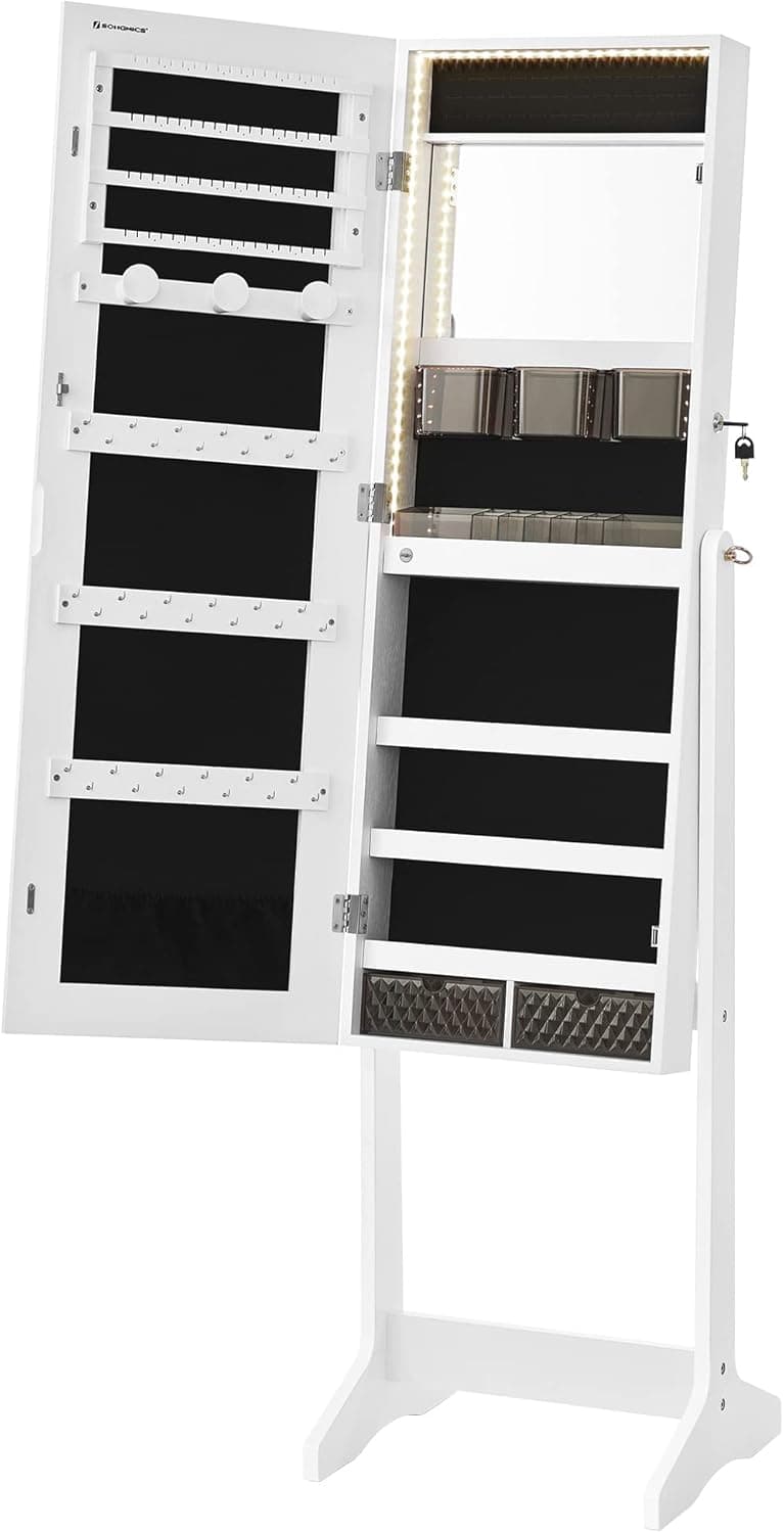 SONGMICS Mirror Jewelry Cabinet Standing Armoire Organizer, Jewelry Storage with Full-Length Frameless LED Lights, Built-in Makeup Mirror, 2 Drawers, Lockable, White UJJC023W01 - Image 11