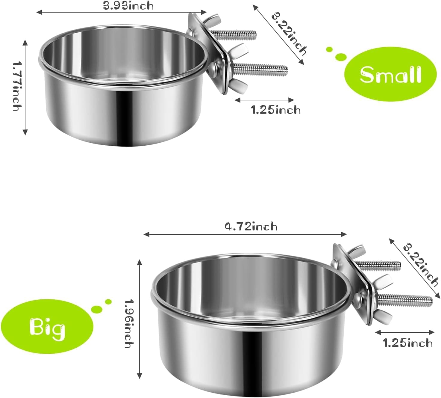 2 Pcs Small Pet Dog Food Water Bowl for Cage Stainless Steel Non-Spill Kennel Hanging Cats Pets Bowls with Clamp Holder Crate Feeder Dish for Small Dogs Pets (4.7x1.9'' & 3.9x1.7'') XS (19 & 12 OZ) Silver - Image 3