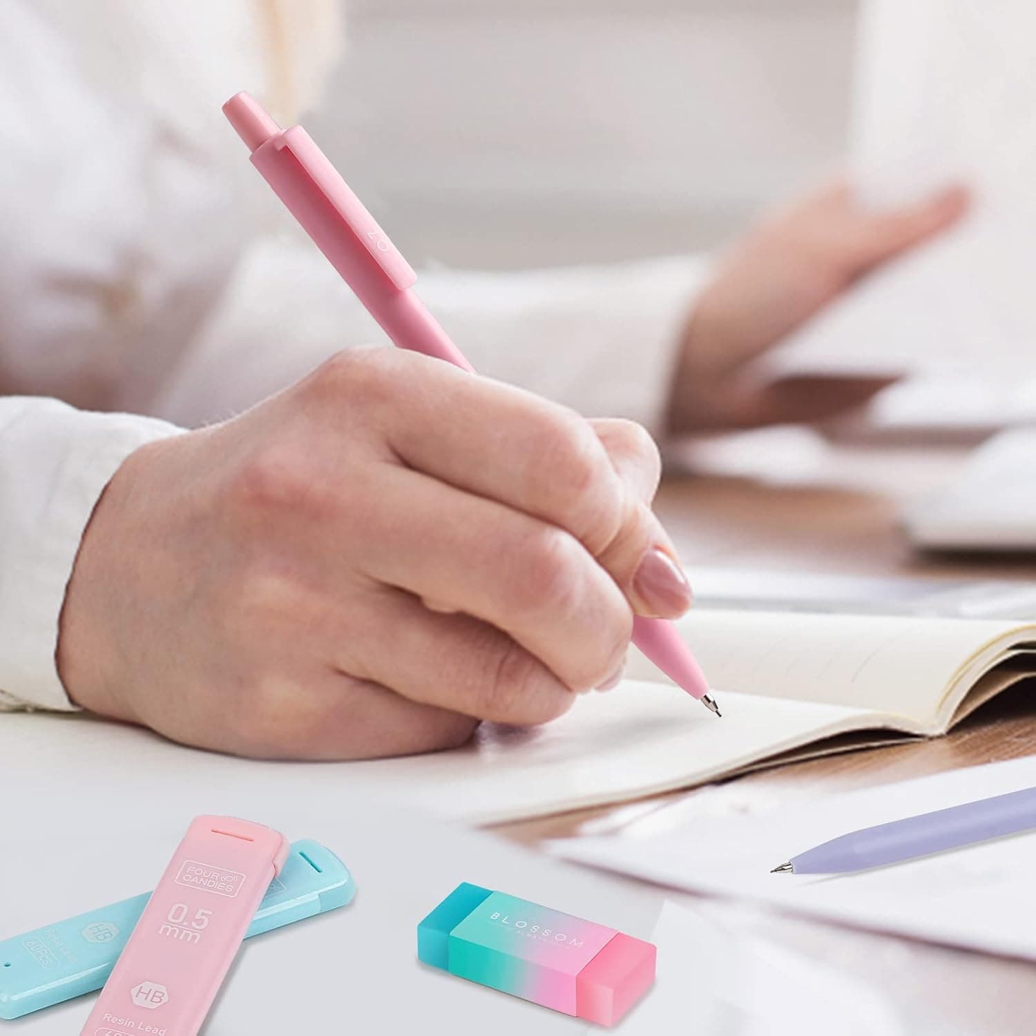 Four Candies Cute Mechanical Pencil Set, 6PCS Pastel Mechanical Pencils 0.5 & 0.7mm with 360PCS HB Leads, 3PCS Erasers and 9PCS Eraser Refills, Aesthetic School Supplies for Girls Writing 0.5mm + 0.7mm - Image 8