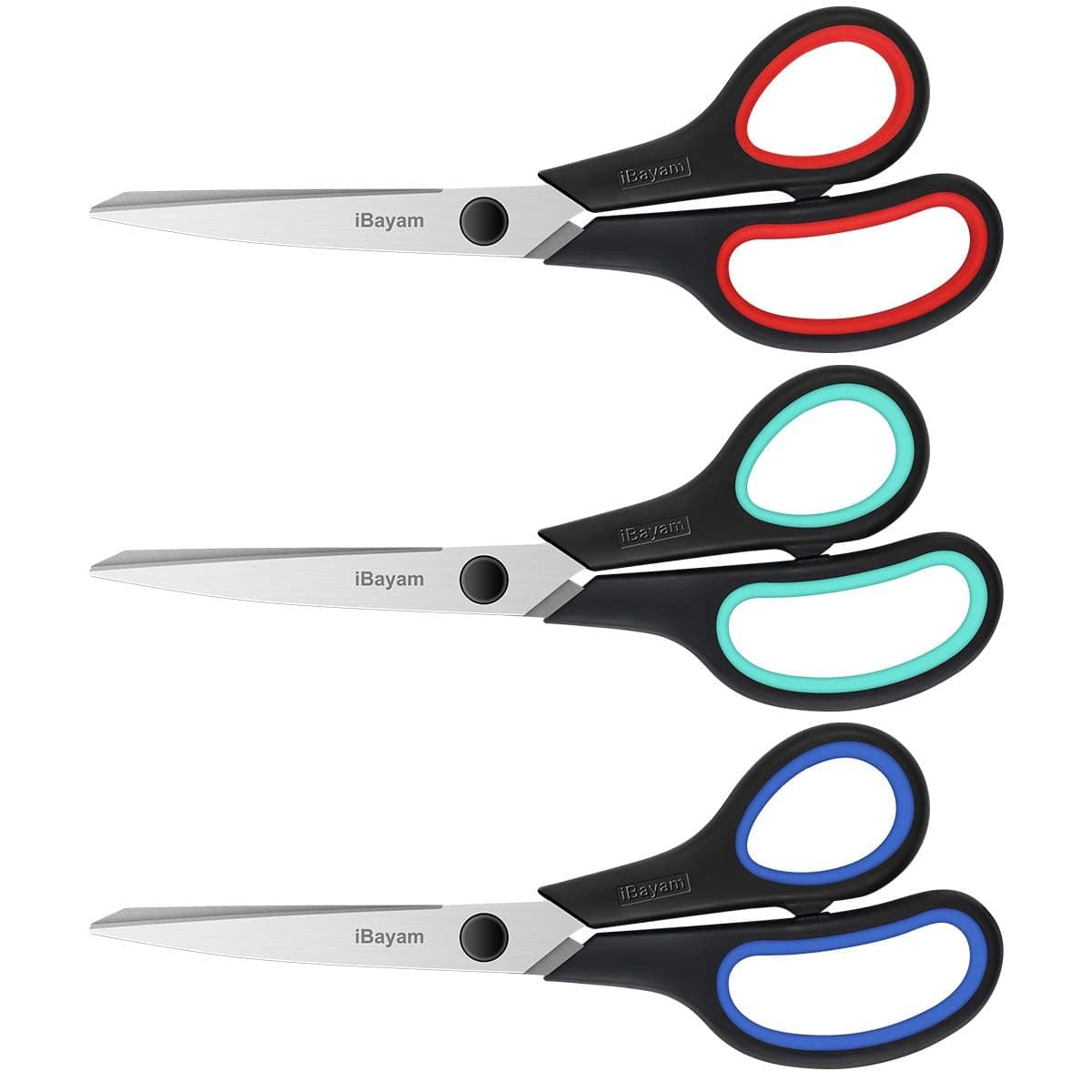iBayam 3-Pack 8" Heavy Duty Scissors with Ultra Sharp Blades and Comfort Grip Handles - For Office, Home, School, Sewing, and Crafts Red, Green, Blue 3-Pack