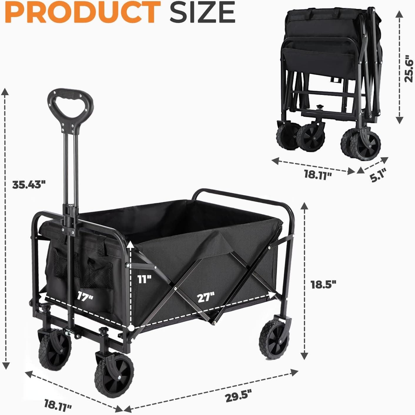 Collapsible Wagon 220 lbs, Heavy Duty Wagon Carts Foldable, Portable Wagons for Groceries, Beach Cart with All-Terrain Wheels & Drink Holders, Utility Wagon for Shopping, Sports, Camping, Black - Image 8