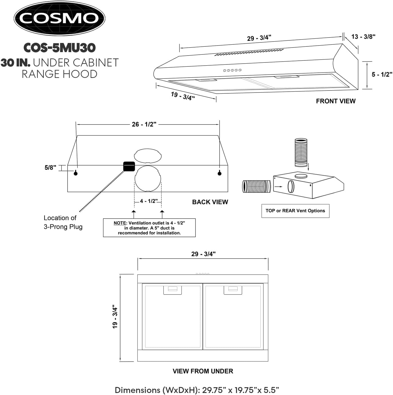 COSMO COS-5MU30 30 in. Delta Collection Ducted Under Cabinet Range Hood, Button Controls, Reusable Filters, LED Lights, Stainless Steel Stainless Steel 30 inch - Image 6